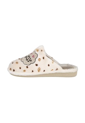 Zapatilla de color crema difusa con lunares marrones, un interior esponjoso y un gráfico de nube que dice "KISS" en rosa, con texturas suaves.