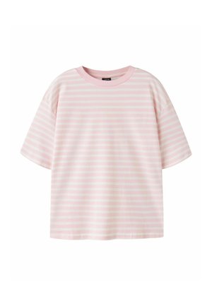 T-shirt met korte mouwen, losse pasvorm, lichtroze en witte horizontale strepen en een ronde hals.