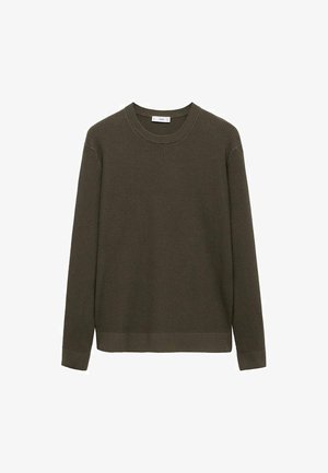 Geribbelde lange mouw trui in donkergroen, met een ronde hals en rechte zoom. Gemaakt van zachte gebreide stof.