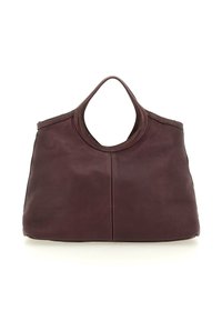 Borsa a mano in pelle marrone scuro con manici arrotondati e cuciture visibili su sfondo bianco.