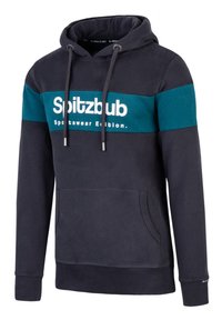 Námořnická modrá mikina s kapucí se tyrkysovým pruhem, na kterém je bílý nápis "Spitzbub Sportswear Edition". Obsahuje klokaní kapsu a nastavitelné šňůrky.
