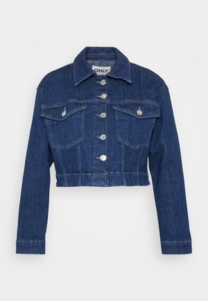 Sötétkék, cropped farmerdzseki, amely gallérral, ezüst színű fém kiegészítőkkel, két mellzsebből és elöl gombos záródással rendelkezik.