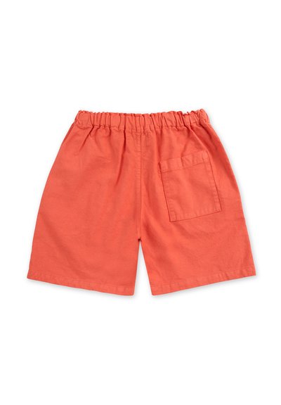 Korallenorange Shorts aus leichtem Stoff, mit elastischem Bund, lockerer Passform und einer einzigen Gesäßtasche.