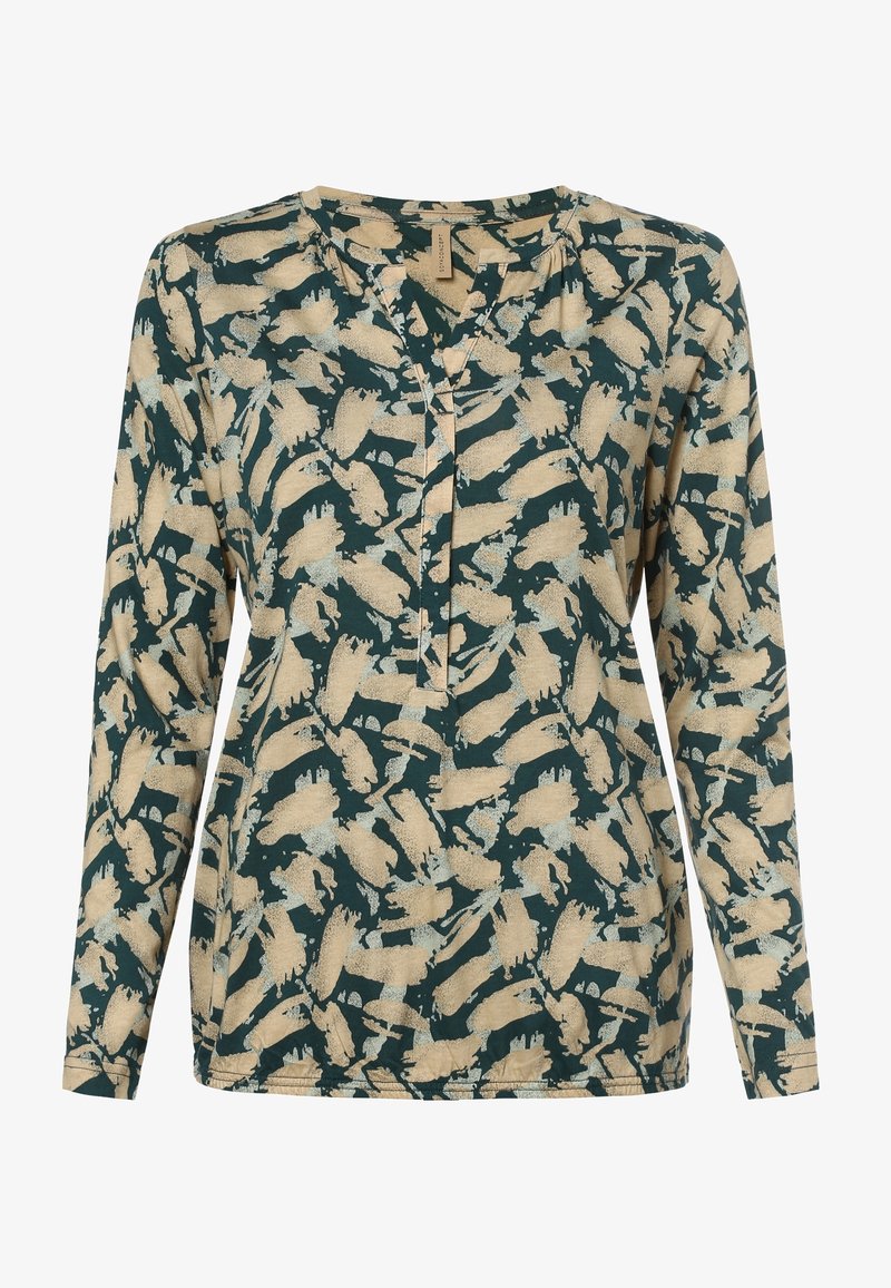 Maglietta a maniche lunghe con scollo a V, caratterizzata da un motivo astratto a pennellate in crema e blu chiaro su uno sfondo verde scuro.