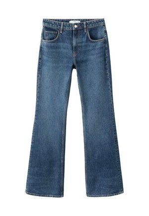 Jeans de mezclilla azul acampanados con una cintura de altura media, cinco bolsillos y una textura desgastada. Con dobladillos terminados y un cierre de botón clásico.