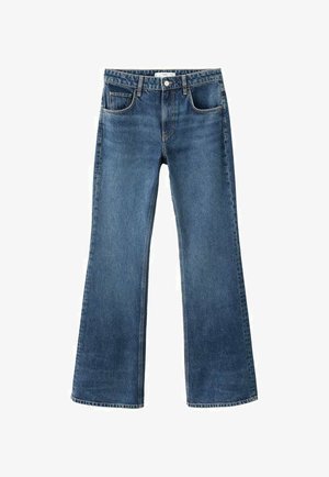 Jeans in denim blu a gamba svasata con vita a media altezza, cinque tasche e texture consumata. Orli rifiniti e chiusura con bottone classica.