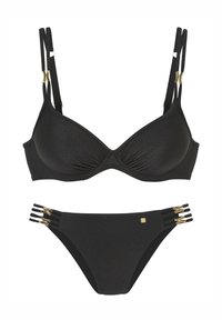 Čierny bikini set z textúrovanej, pru�žnej tkaniny. Horný diel má nastaviteľné dvojité ramienka so zlatými detailmi a spodný diel má výrezy.