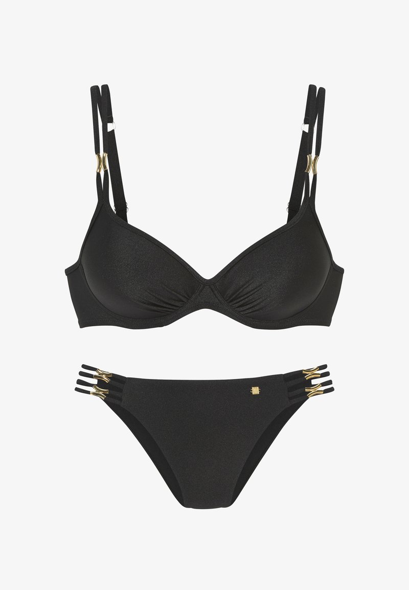 Melns bikini komplekts ar strukturētu, gludu audumu. Augšdaļai ir regulējamas divkāršas siksnas ar zelta akcentiem, bet apakšdaļā ir izgriezumi.