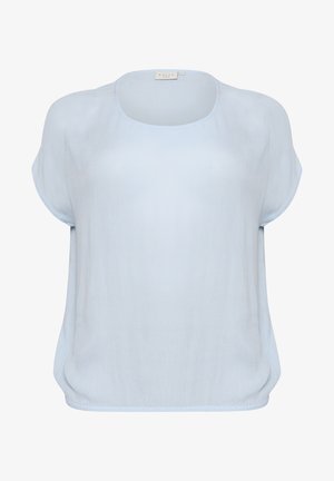 Blusa azzurro chiaro in tessuto morbido, con una vestibilità ampia. Caratterizzata da maniche corte, scollatura rotonda e una sottile trama in tutta la superficie. Senza motivi o accenti.