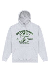 Felpa grigia con cappuccio e tasca a marsupio, decorata con testo e grafiche verdi che raffigurano un giocatore di baseball e montagne.