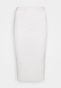 Biała ołówkowa spódnica wykonana z gładkiej tkaniny, o jednolitym wzorze i subtelnym pasku z logo w talii. Długość do połowy uda, dopasowany krój.
