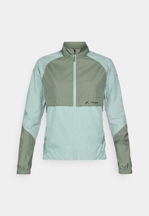 Lightweight jacket featuring a two-tone design in mint and olive green, with a zip closure, high collar, and elastic cuffs.