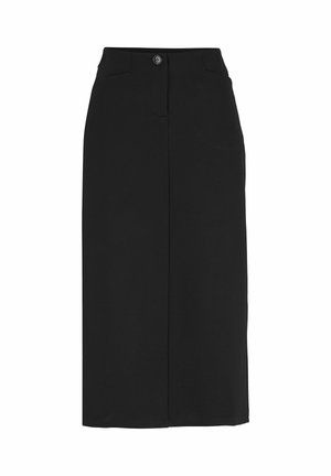 Svart hög midja blyertskjol med framknäppning och två sidofickor, knälång, enfaldig design på vit bakgrund.