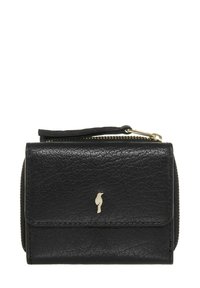 Czarny skórzany portfel o teksturowanym wykończeniu, z przednim klapkiem i złotym logo. Posiada zipowany przegródki po boku.