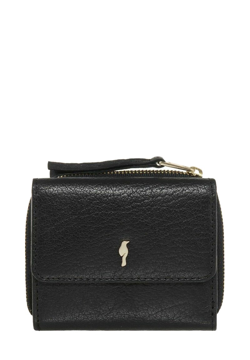 Czarny skórzany portfel o teksturowanym wykończeniu, z przednim klapkiem i złotym logo. Posiada zipowany przegródki po boku.