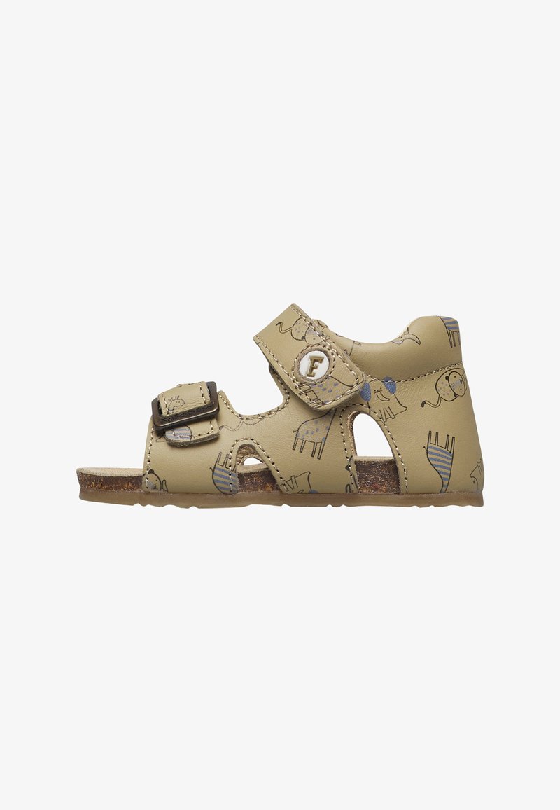 Sandalo beige per bambini piccoli con stampa animale, fibbia regolabile e cinturini in Velcro, suola in sughero, progettato per comfort e supporto.