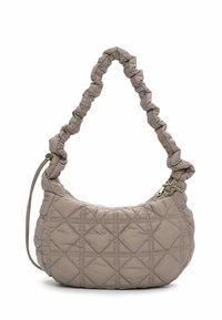 Quilted beige handbag with a ruffled strap, featuring a soft texture, diamond-shaped pattern, and gold-tone hardware accents.