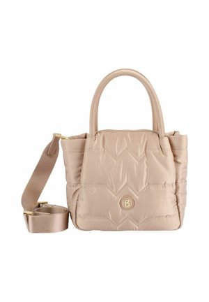 Beige handtas met quilted patroon, ronde handgrepen, een afneembare schouderriem en gouden hardware accenten. Heeft een logo aan de voorkant.