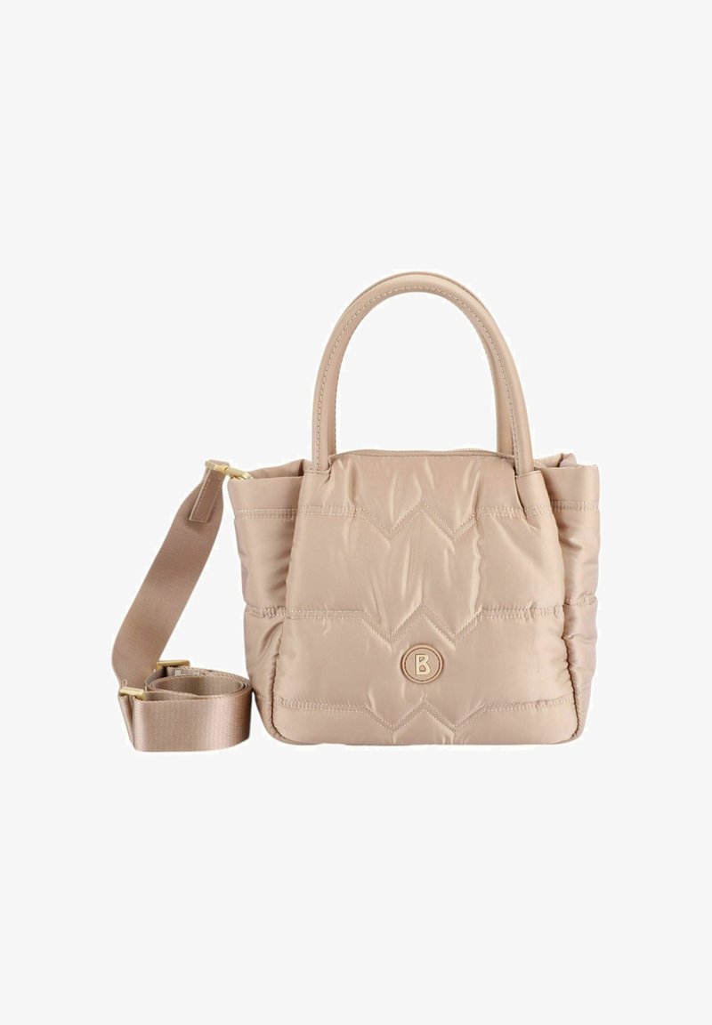 Wytłaczana beżowa torebka z okrągłymi uchwytami, odpinanym paskiem na ramię i złotymi akcentami. Na przodzie znajduje się logo.