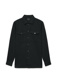 Schwarzes langärmliges Hemd aus Baumwolle mit vorderer Knopfleiste, zwei Brusttaschen und klassischem Kragen.