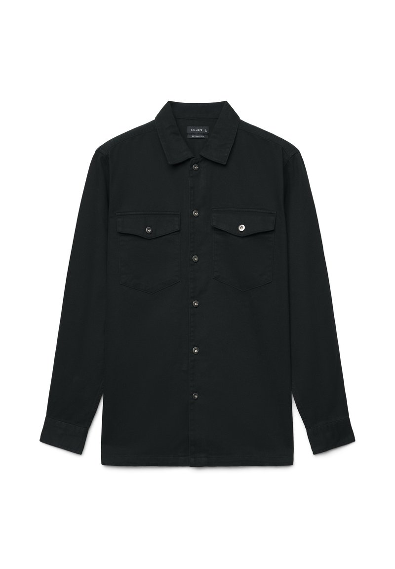 Schwarzes langärmliges Hemd aus Baumwolle mit vorderer Knopfleiste, zwei Brusttaschen und klassischem Kragen.