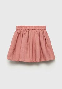 Jupe courte rose avec une ceinture élastique, présentant un design froncé et un tissu texturé. Aucune autre motif ou détail en matériel.