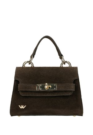 Sac à main en daim brun foncé avec une poignée unique sur le dessus, fermeture à tour dorée et un petit logo doré dans le coin inférieur.