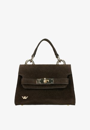 Sac à main en daim brun foncé avec une poignée unique sur le dessus, fermeture à tour dorée et un petit logo doré dans le coin inférieur.