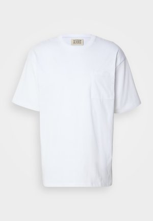 Weißes Kurzarm-T-Shirt aus Baumwolle. Mit einer Brusttasche und feinen Nähten an der Tasche. Rundhalsausschnitt.