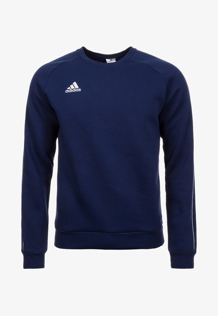 Sweat-shirt à col rond Adidas bleu marine avec manches longues, logo Adidas blanc sur le côté supérieur gauche de la poitrine, et poignets et ourlet côtelés.