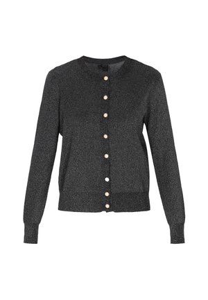 Cardigan noir en tissu texturé et pailleté. Il a un col rond, des manches longues et des boutons de couleur claire sur le devant.