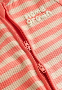 Lähivaade koralli ja kreemika triibuga kangale, millel on kaks korallikarva lüpsi ja valge pehme ümardatud tekstiga "Home grown".