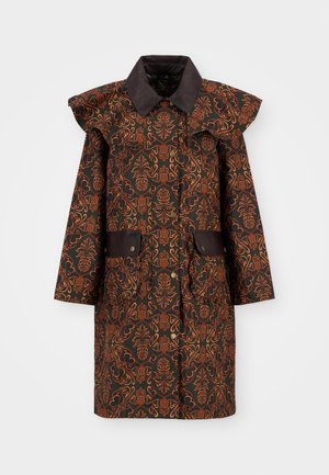 Brown patterned coat with orange decorative floral design, oversized shoulders, buttoned front, and two pocket details.