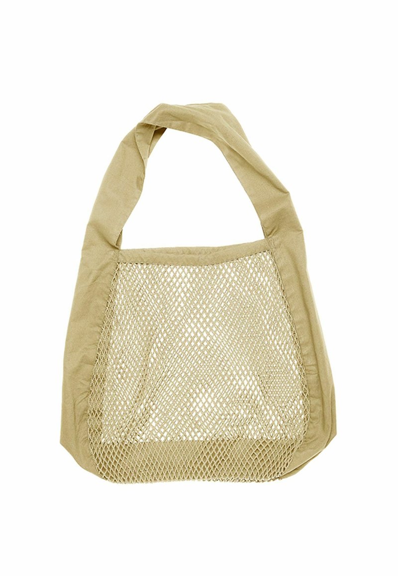 Beżowa torba na zakupy wielokrotnego użytku z solidnym uchwytem z materiału i siateczkową częścią do przenoszenia zakupów lub innych przedmiotów.