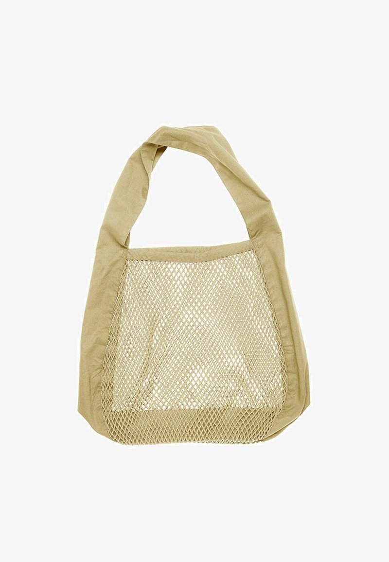 Beżowa torba na zakupy wielokrotnego użytku z solidnym uchwytem z materiału i siateczkową częścią do przenoszenia zakupów lub innych przedmiotów.