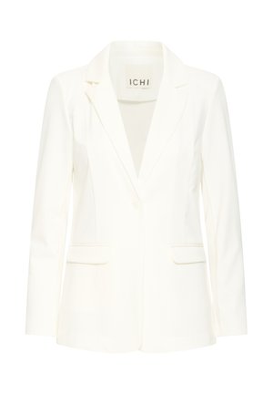 Blazer blanc ajusté avec poches avant, revers à cran et fermeture à un bouton. Tissu lisse et structuré avec une finition nette.