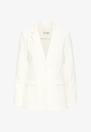 Blazer bianco su misura con tasche frontali, rever a punta e chiusura a un solo bottone. Tessuto liscio e strutturato con una finitura impeccabile.
