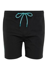 Shorts de baño negros con cintura elástica y cordón turquesa. Presentan un diseño sólido con acentos laterales en un color a juego.
