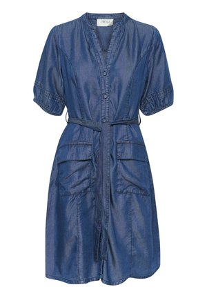 Denim dress with short sleeves, button-down front, two front pockets, belted waist, and a slightly curved hem. Color is medium blue.