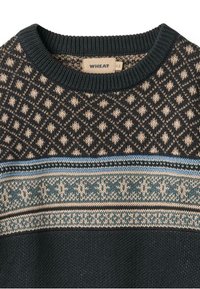Strickpullover mit Rundhals, der ein Rautenmuster in Beige und Dunkelgrün aufweist, akzentuiert durch blaue und gemusterte Streifen.