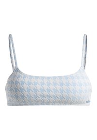 Bralette de patrón de houndstooth azul y blanco con tirantes delgados ajustables y una textura suave, con un diseño sin costuras.