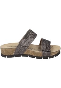 Grau gewebter Schlittensandale mit zwei verstellbaren Riemen, Korkzwischensohle und Gummisohle. Texturierter Obermaterial und gepolsterter Fußbett für Komfort.