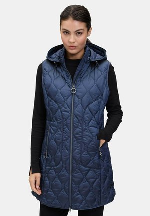 Marineblauer Steppweste mit Kapuze, Vorderreißverschluss und zwei seitlichen Taschen. Verfügt über ein strukturiertes Muster und einen halblangen Saum. Hergestellt aus leichtem Material.