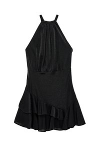 Musta halterneck-mekko, jossa on poimuittu yläosa ja röyhelöhelma. Mekko on valmistettu kiiltävästä kankaasta, joka heijastaa valoa, ja siinä on ohuet olkaimet.