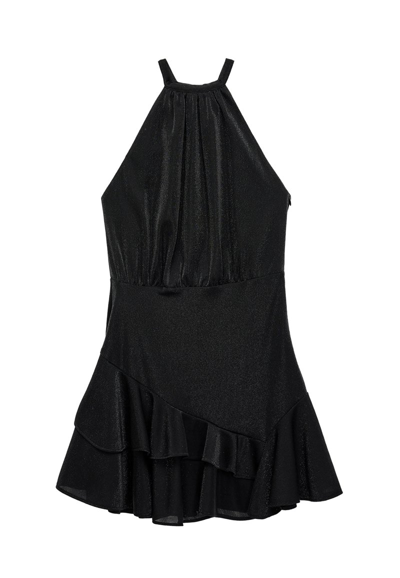 Musta halterneck-mekko, jossa on poimuittu yläosa ja röyhelöhelma. Mekko on valmistettu kiiltävästä kankaasta, joka heijastaa valoa, ja siinä on ohuet olkaimet.