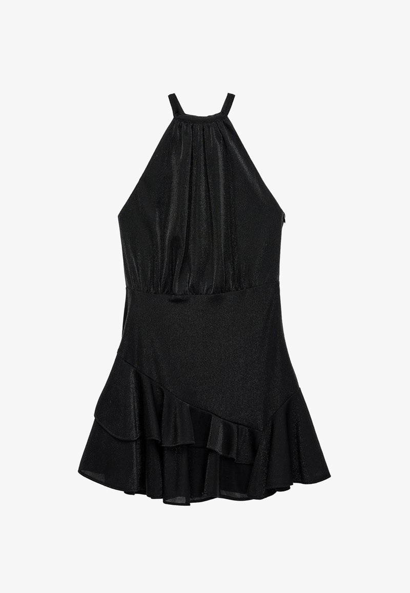 Musta halterneck-mekko, jossa on poimuittu yläosa ja röyhelöhelma. Mekko on valmistettu kiiltävästä kankaasta, joka heijastaa valoa, ja siinä on ohuet olkaimet.