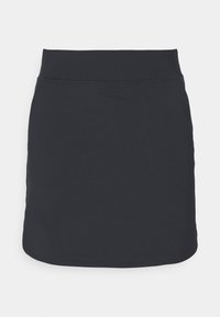 Černá mini sukně s přiléhavým pasem, hladkou texturou, dvěma předními kapsami a jemnými švy. Jednoduchý design a jednobarevné provedení.