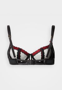 Čierna a červená braletka s priesvitnými sieťovinovými panelmi, vlnitými čipkovými okrajmi a nastaviteľnými ramienkami. Na zadnej strane so zapínaním na háčiky a očká.