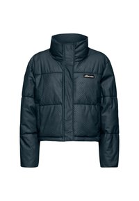 Giacca a vento corta in blu scuro con un motivo testurizzato, colletto alto e logo frontale. Presenta sezioni imbottite e tasche laterali.