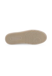 Beige Gummiaußensohle mit Fischgrätenmuster und kreisförmigem Logodesign. Verfügt über eine glatte Textur und abgerundete Kanten, die für Grip ausgelegt sind.